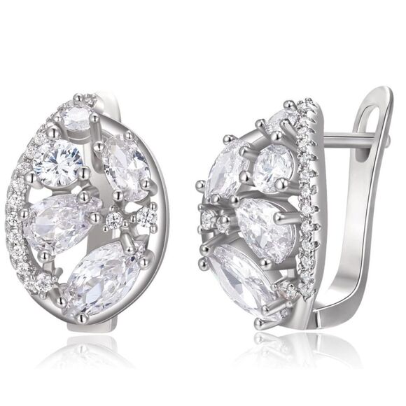 Silver with White Diamond Cubic Zirconia Post French Clip Oval Drop Earrings - Picture 2 of 6